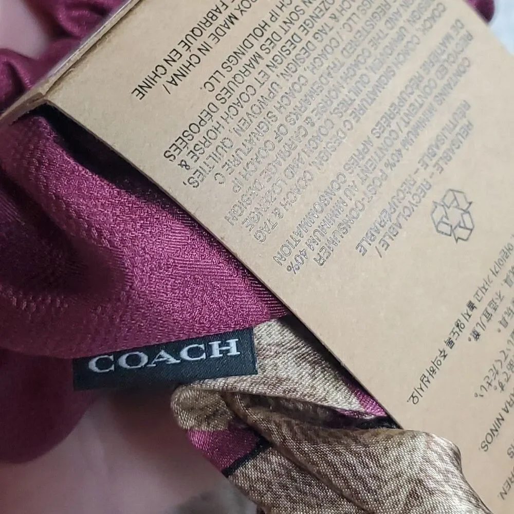 Coach Signature Bow Print Hair‎ Ties Set 2-Pack Tan Pink Silk Blend CAA31 NWT